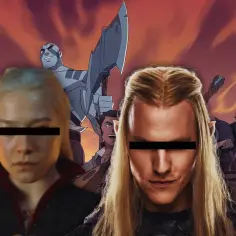Legenda Vox Machiny: postacie z serialu animowanego i fragmenty twarzy aktorów, tworzące epicką wizję.